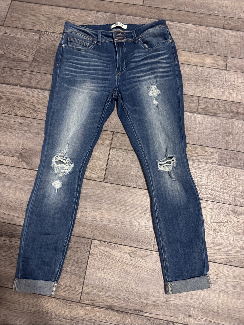 Indigo Rein Women's Distressed Boyfriend Jeans - Medium Blue